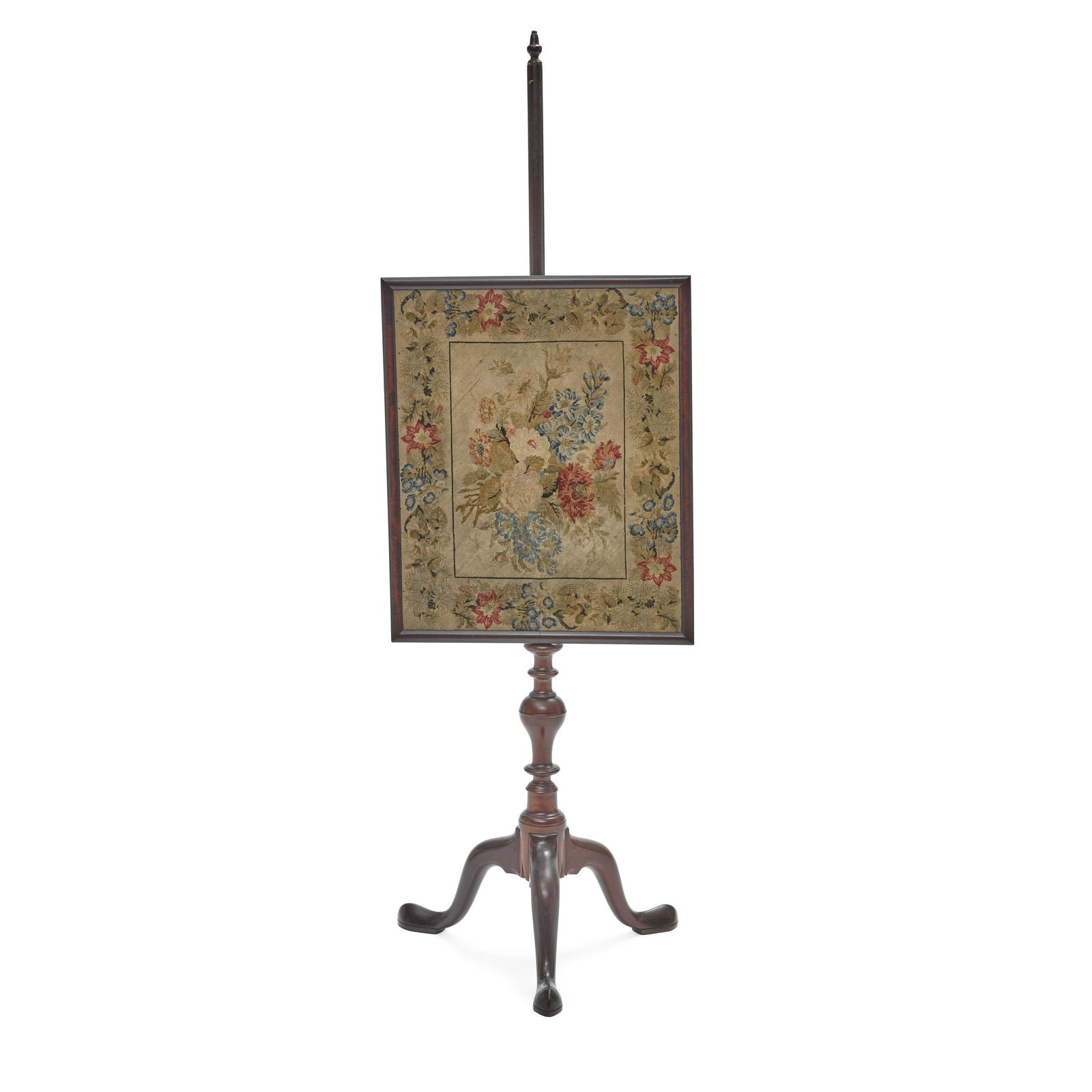A GEORGE III FLORAL NEEDLEWORK FIRE SCREEN ON MAHOGANY (1 of 2)