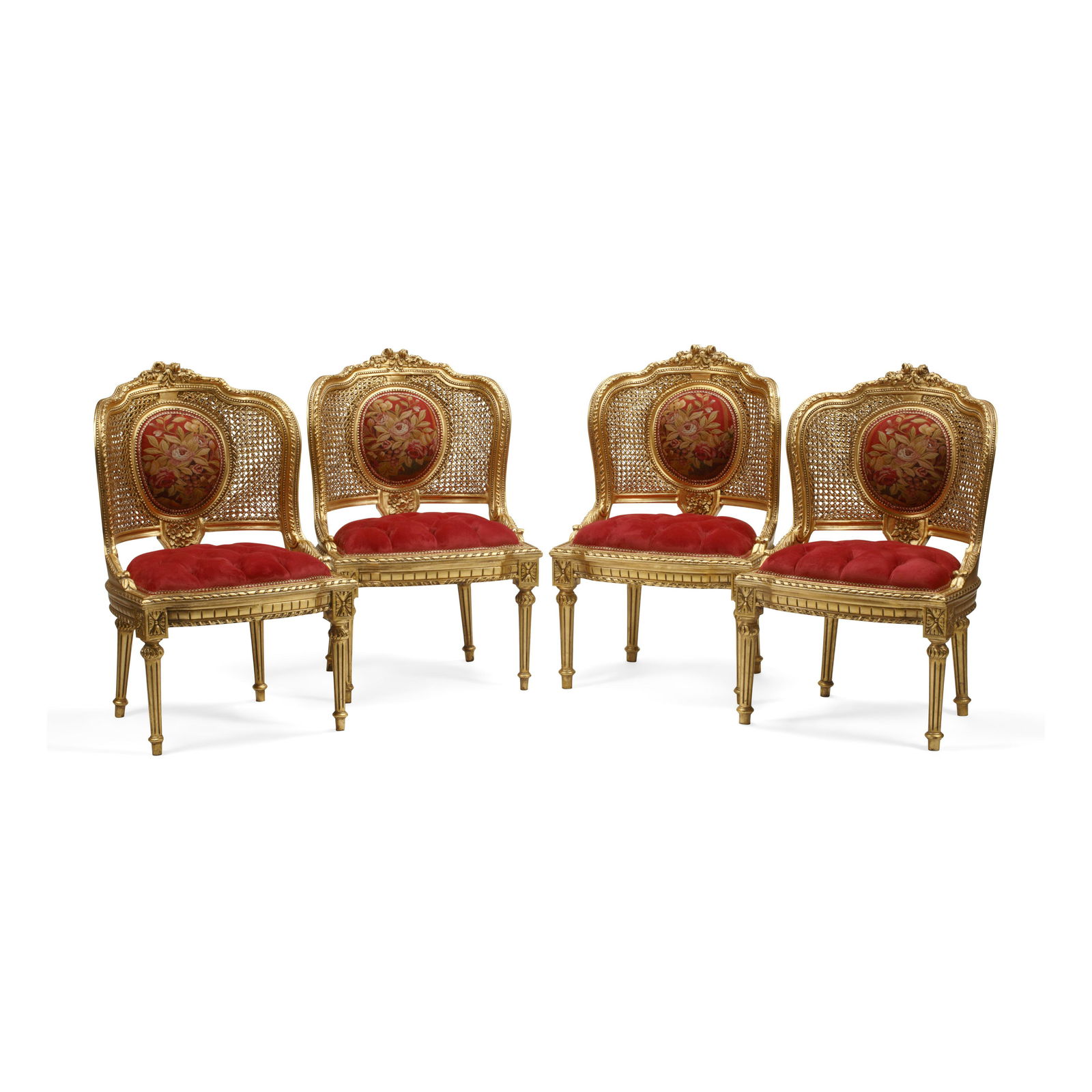 A PAIR OF LOUIS XVI STYLE CANED AND GILTWOOD CHAISES: A PAIR OF LOUIS XVI STYLE CANED AND GILTWOOD CHAISES height 36 1/4in (92cm); width 22 3/4in (58cm); depth 23in (58 cm) For further information on this lot please visit Bonhams.com