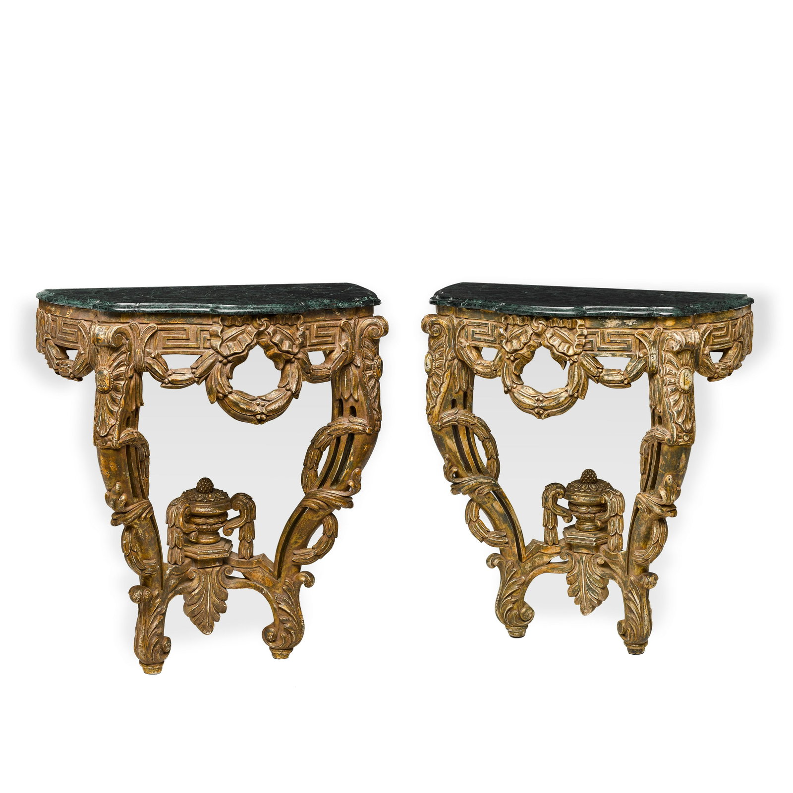 A PAIR OF NEOCLASSICAL STYLE GREEN MARBLE TOP GILTWOOD: A PAIR OF NEOCLASSICAL STYLE GREEN MARBLE TOP GILTWOOD CONSOLES height 36in (91.5cm); width 32in (81cm); depth 17in (43cm) For further information on this lot please visit Bonhams.com