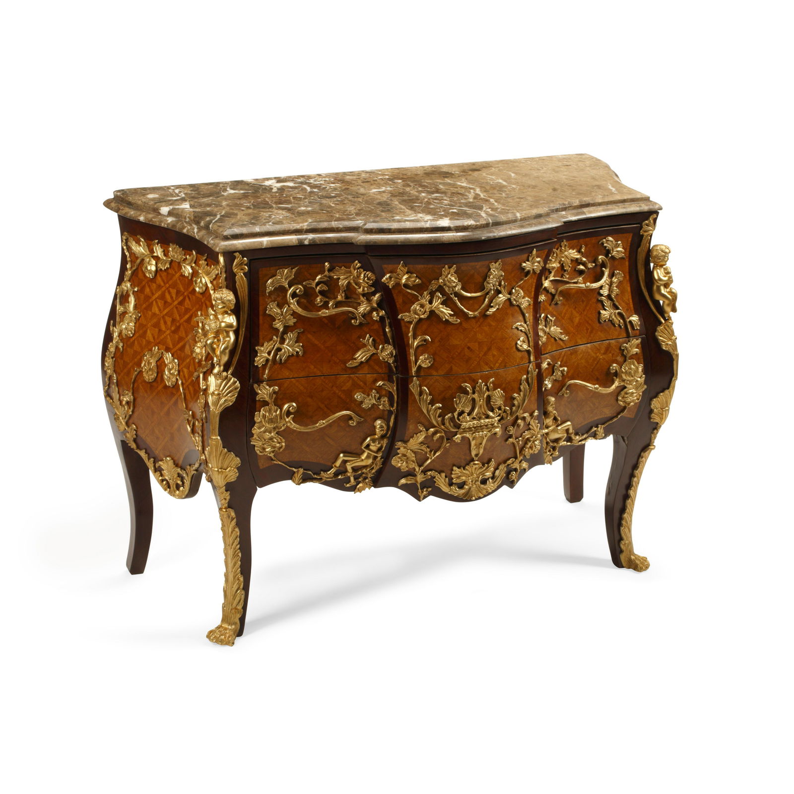 A ROCOCO STYLE MARBLE TOP GILT BRONZE MOUNTED PARQUETRY (1 of 4)