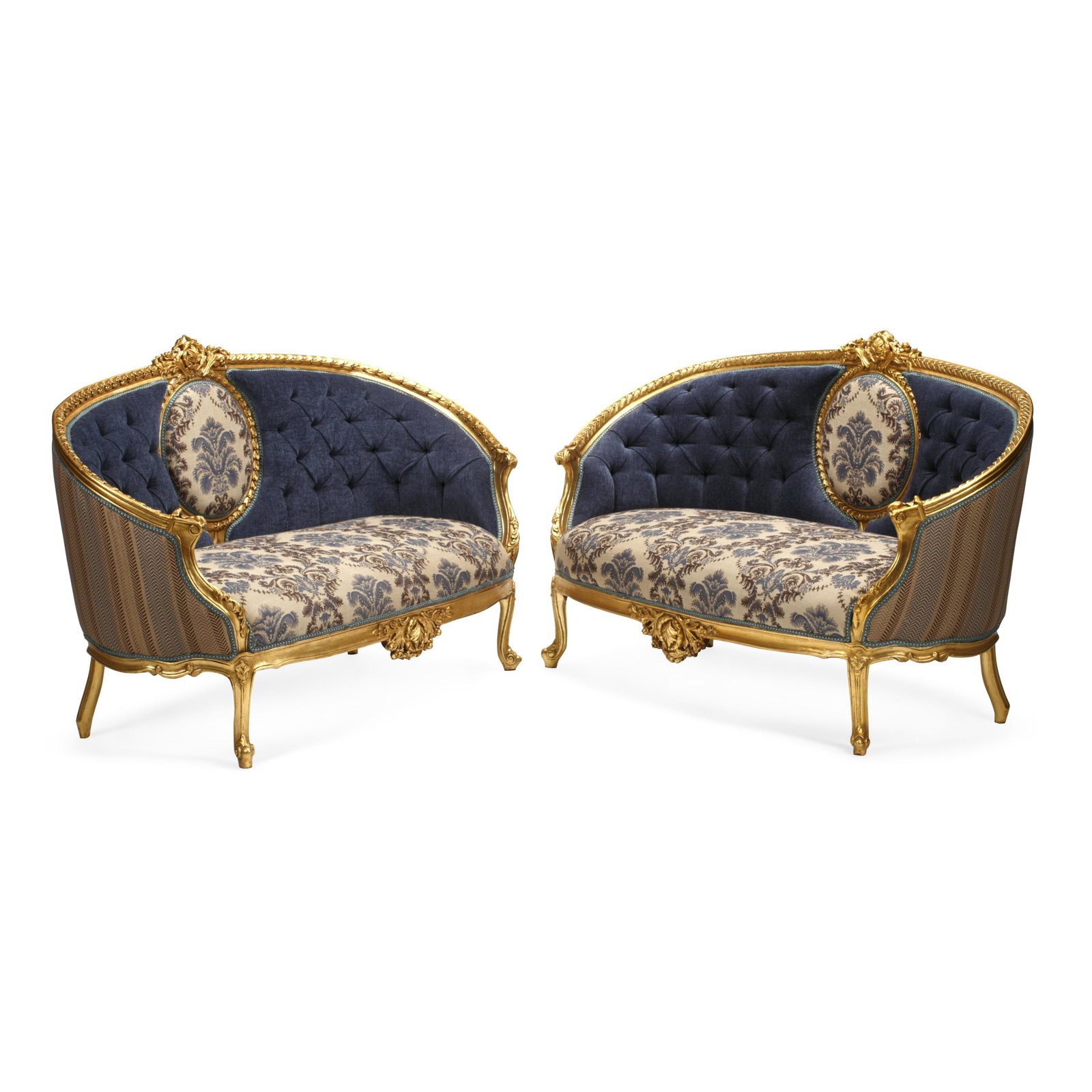 A PAIR OF LOUIS XVI STYLE GILTWOOD SETTEES: A PAIR OF LOUIS XVI STYLE GILTWOOD SETTEES height 38in (97cm); width 68 1/4in (158cm); depth 28in (72cm) For further information on this lot please visit Bonhams.com