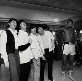 Harry  Benson (born 1929); The Beatles and Cassius Clay;: Harry Benson (born 1929) The Beatles and Cassius Clay, 1964 Archival pigment print, printed later, signed in ink in the margin. 11 3/4 x 11 3/4in (28.25 x 28.25cm) sheet 18 x 13 1/4in (48.8 x 33.6cm)