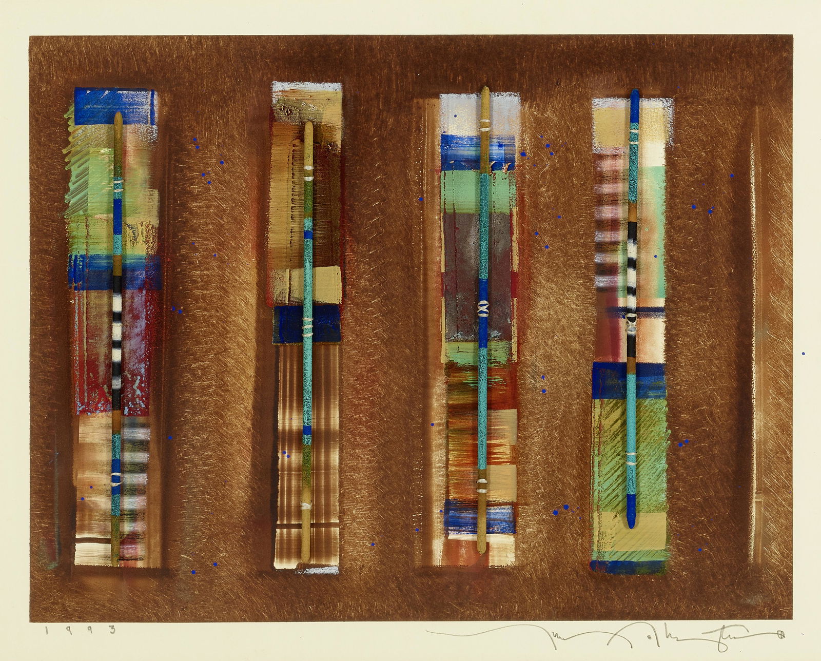 A Tony Abeyta painting, 1993: Tony Abeyta Navajo (Diné), (b. 1965), a mixed media painting with acrlic paint, arrow shafts, and sand on lithograph under glass, signed lower right, dated lower left: 1993. image size: height 17