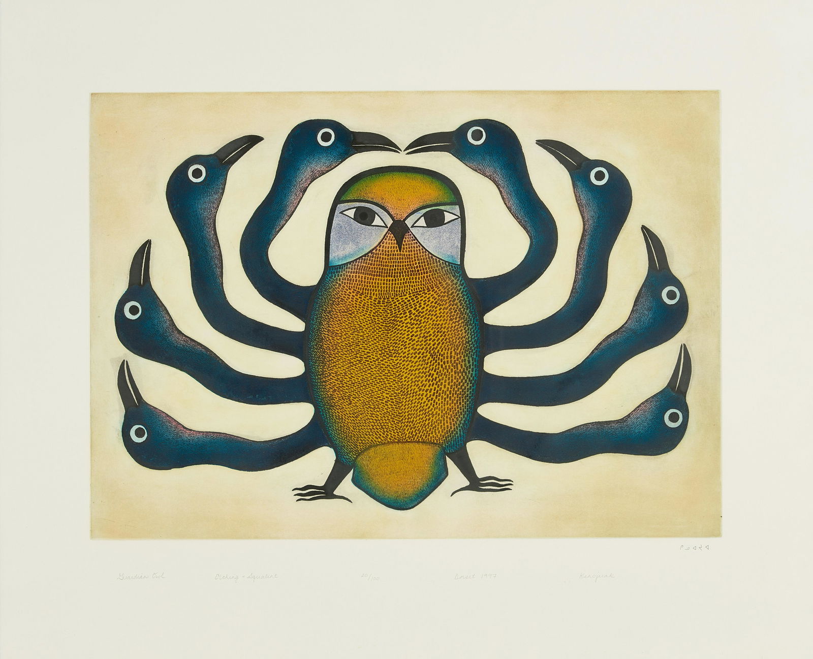 A Kenojuak Ashevak etching and aquatint, 'Guardian (1 of 2)