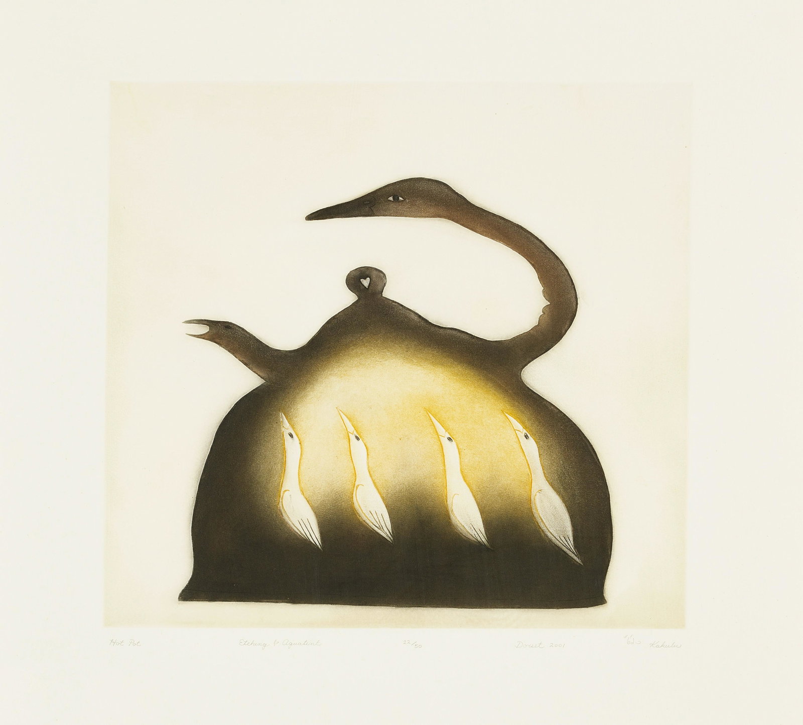 A Kakulu Sagiatuk etching and aquatint, 'Hot Pot,' 2001: Kakulu Sagiatuk Inuit, Cape Dorset/Kinngait, (b. 1940), 'Hot Pot,' 2001, etching and aquatint, edition 22 of 50, signed in syllabics and Roman lower right, numbered lower center, titled and with blind