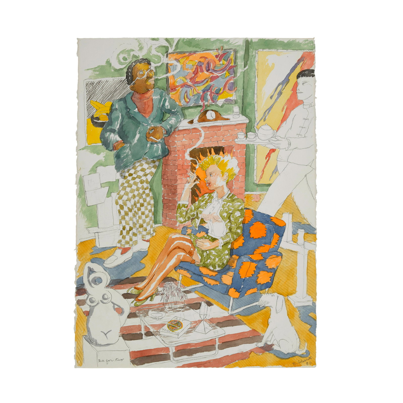 ROBERT COLESCOTT (1925-2009) Tea for Two, 1980: ROBERT COLESCOTT (1925-2009) Tea for Two, 1980 titled 'tea for two' (lower left); signed and dated 'R. Colescott 80' (lower right) watercolor and graphite on paper 29 3/4 x 22 in. 75.6 x 55.9 cm. Foot