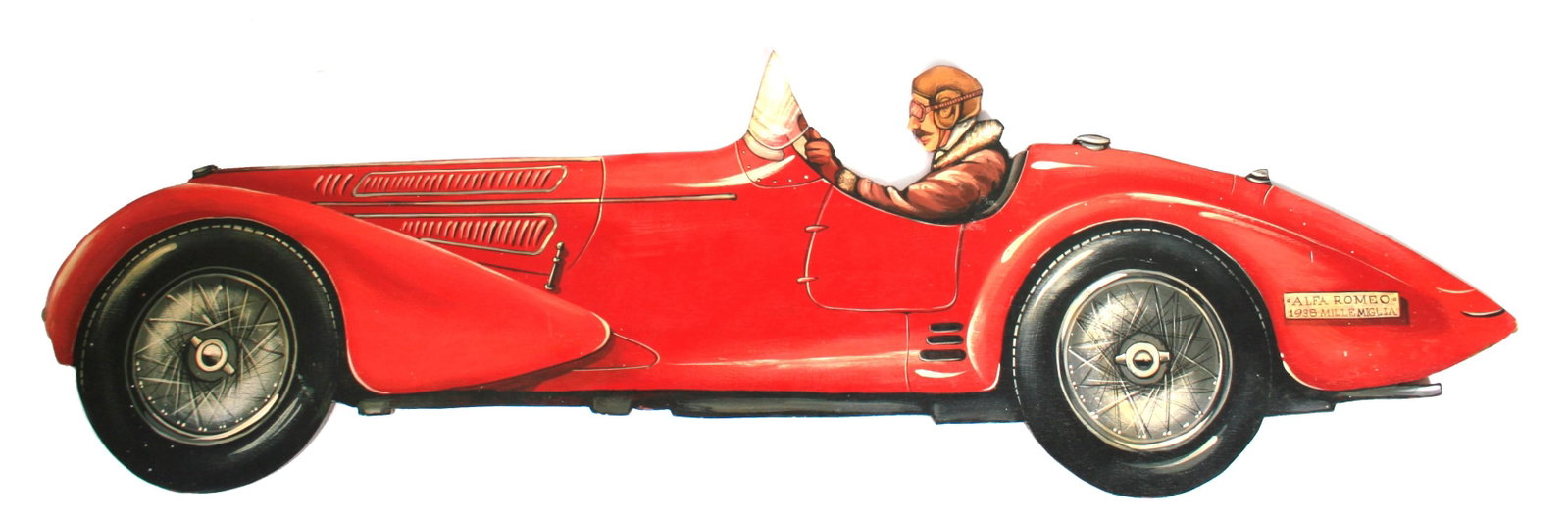 A HAND-PAINTED WOODEN PROFILE OF A 1938 MILLE MIGLIA: A hand-painted wooden profile of a 1938 Mille Miglia Alfa Romeo, modern, finished in red with driver, 120cm long, for garage display, some minor paint specks in places. This lot is subject to the foll