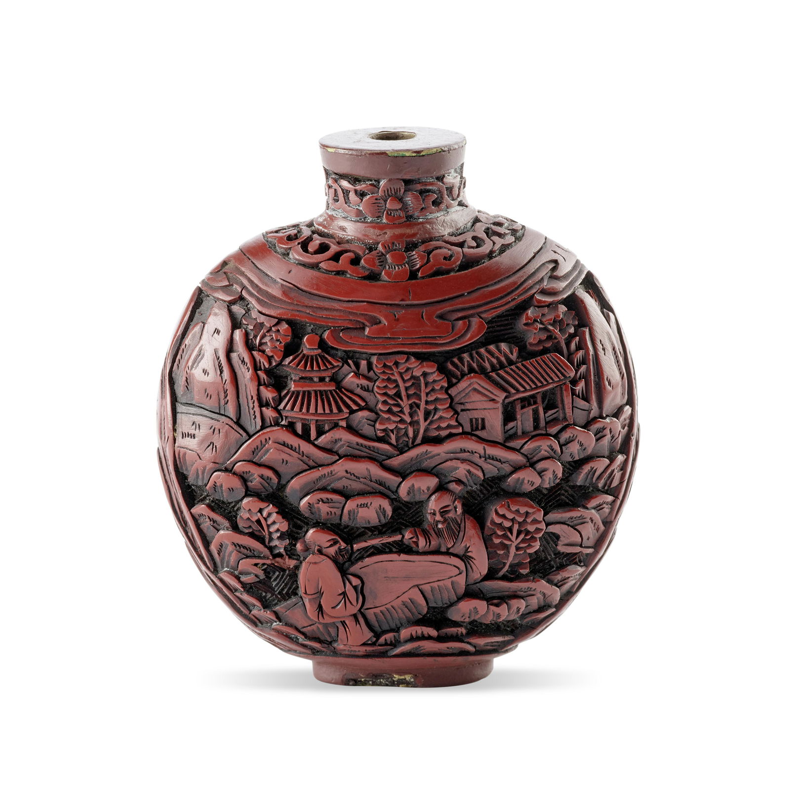 A Carved Cinnabar Lacquer Metal-Bodied Snuff Bottle (1 of 3)