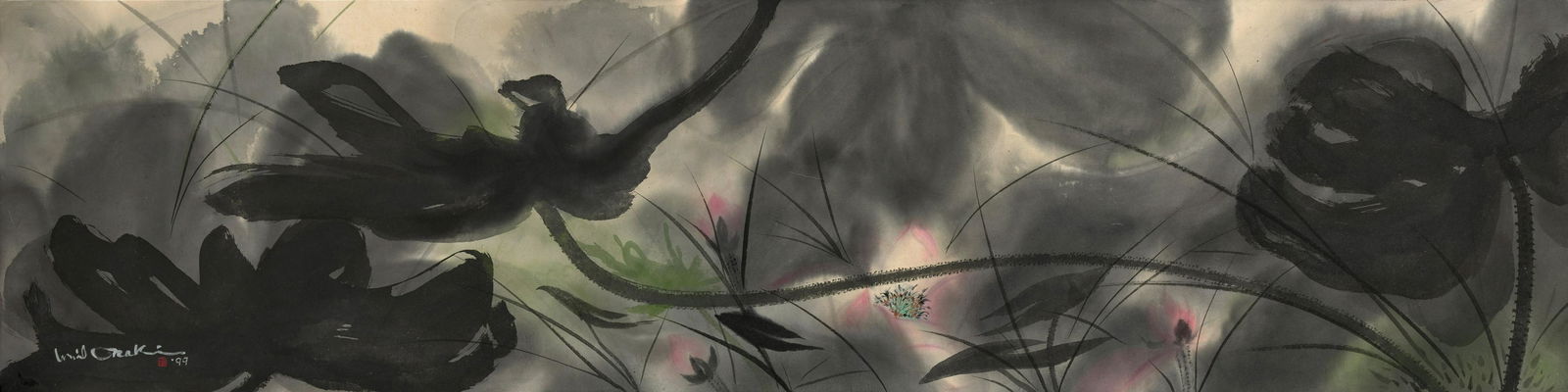 MINOL ARAKI (1928-2010): MINOL ARAKI (1928-2010) Lotuses Showa era (1989-2019), 1999 Panel, ink and colors on paper, signed Minol Araki '99 and sealed Araki Minoru 17 3/8 x 69 1/4in (44.1 x 175.9cm)