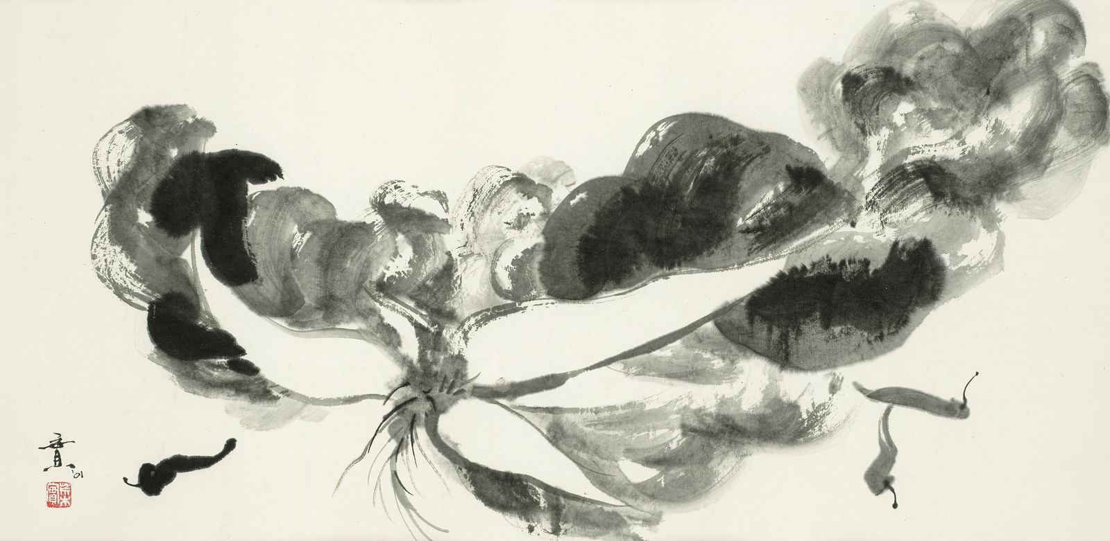 MINOL ARAKI (1928-2010): MINOL ARAKI (1928-2010) Chinese Cabbage and Chili Peppers Showa era (1989-2019), 2001 Ink on paper, signed in Japanese Minoru '01 and sealed Araki Minoru 13 1/2 x 27 1/4in (34.3 x 69.2cm) F