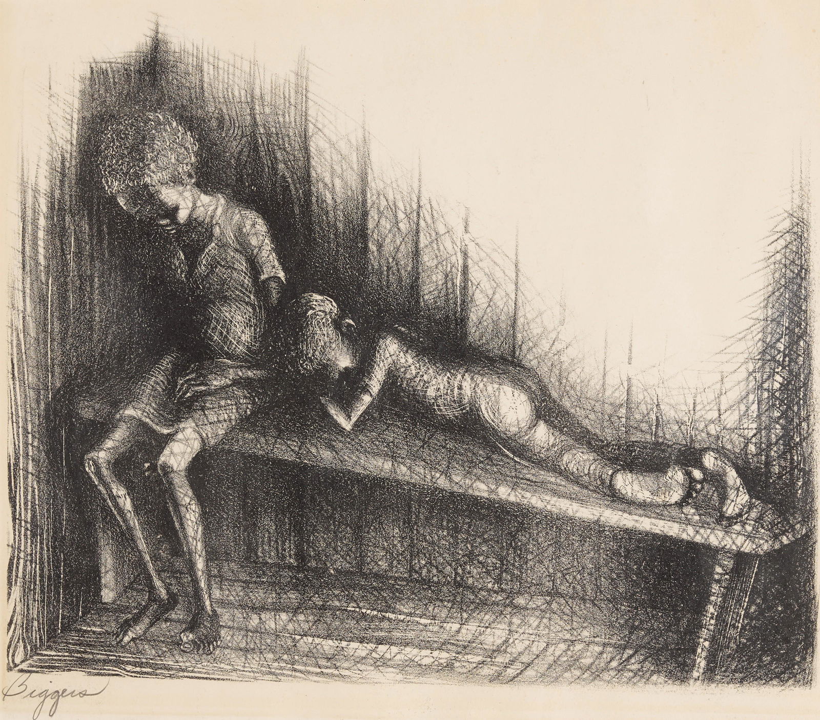 John Thomas Biggers (1924-2001); Two Youths on Bench: John Thomas Biggers (1924-2001) Two Youths on Bench, c. 1950 Lithograph, on wove paper, signed in pencil, with margins, framed. 14 3/8 x 17 3/8in (36.5 x 44.1cm) sheet 19 5/8 x 23in (49.8 x 58.4cm)