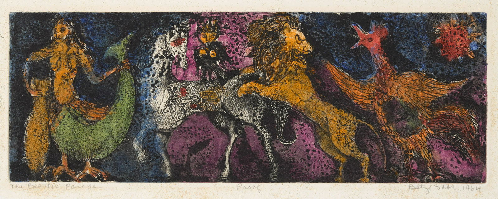 Betye Saar (born 1926); The Beastie Parade: Betye Saar (born 1926) The Beastie Parade, 1964 Etching and aquatint in colors with hand-coloring, a trial proof, on wove paper, signed in pencil, titled, dated and annotated 'Proof', aside from the e