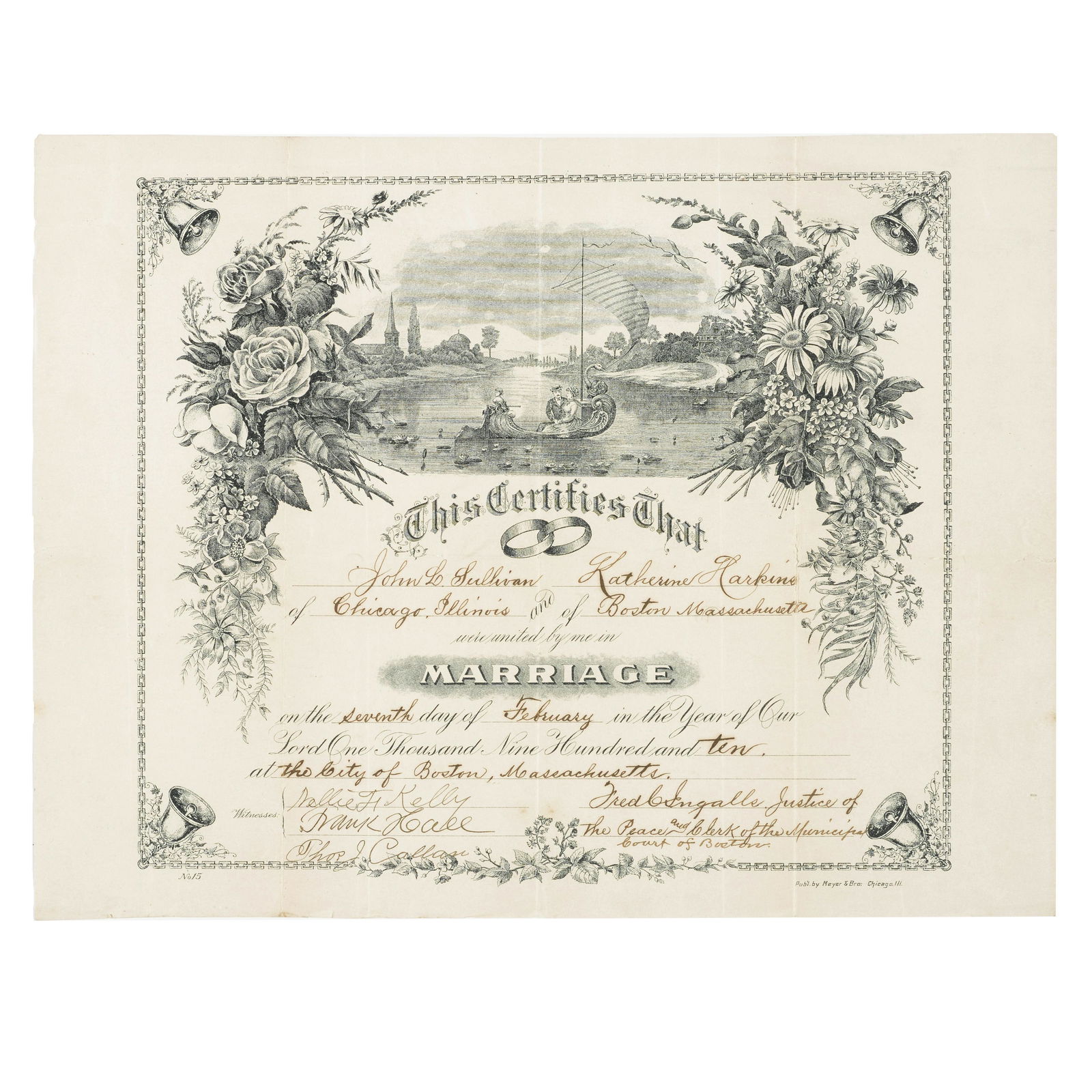 A JOHN L. SULLIVAN MARRIAGE LICENSE FROM 1910: A JOHN L. SULLIVAN MARRIAGE LICENSE FROM 1910 Document Signed of Fred C. Ingalls, Justice of the Peace, certifying the marriage of John L. Sullivan and Katherine Harkins, 1 p, folio (10 x 5 x 13.75 in