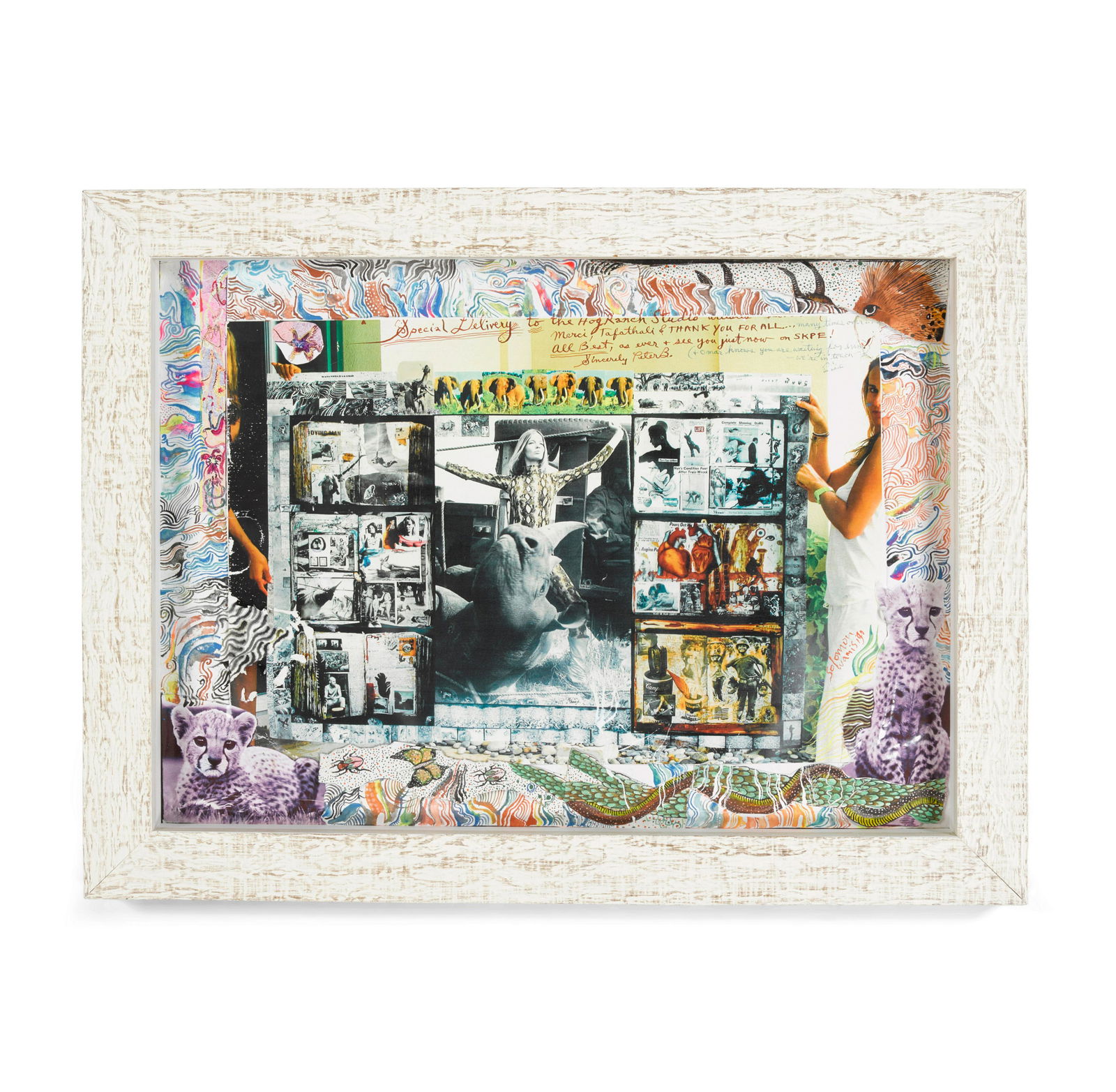 Peter Beard (1938-2020); Special Delivery Diary Page,: Peter Beard (1938-2020) Special Delivery Diary Page, Verushka von Lehndorff for 'Vogue', Rhino Roping with 'Galo-Galo', 1964 Chromogenic print with collage and ink handwork, printed later, signed and