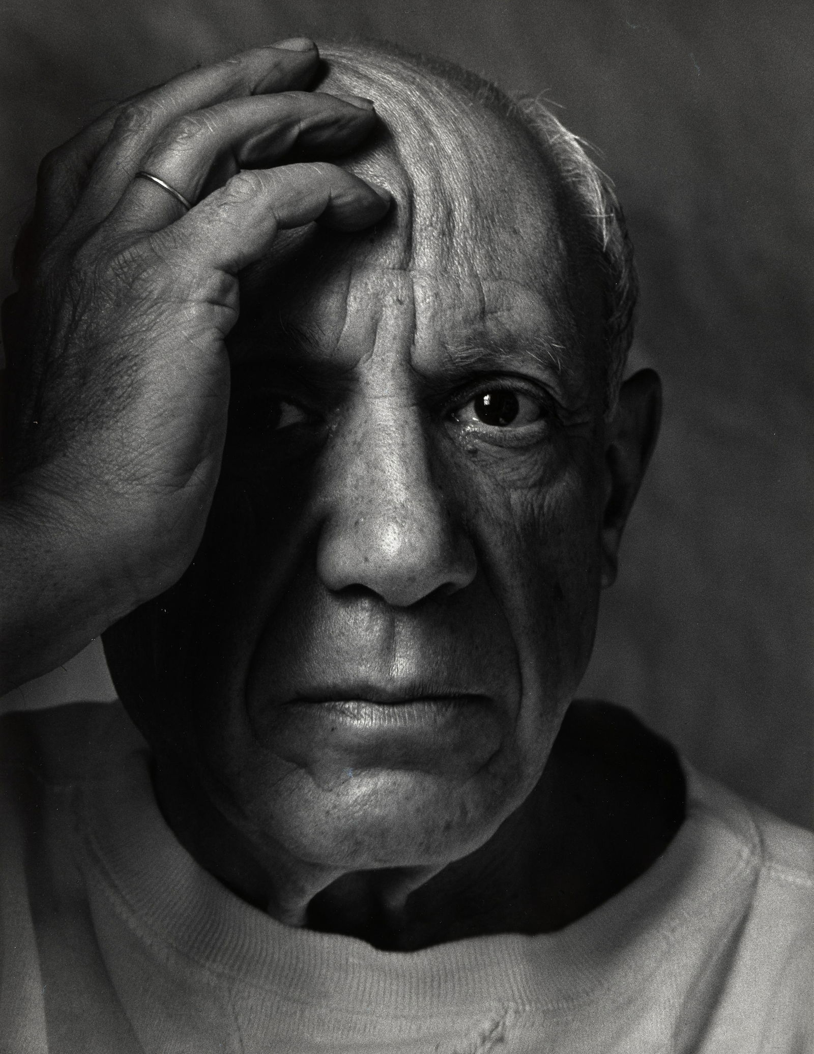 Arnold Newman (1918-2006); Pablo Picasso;: Arnold Newman (1918-2006) Pablo Picasso, 1954 Oversized gelatin silver print, printed later, signed and titled in pencil in the margin; copyright credit reproduction limitation stamp on the mount vers