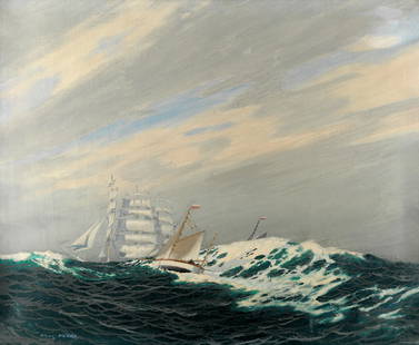 Charles Pears, RSMA (British, 1873-1958) A cutter in a: Charles Pears, RSMA (British, 1873-1958) A cutter in a heavy swell, a four-masted barque beyond signed 'Chas.PEARS' (lower left) oil on canvas 50.5 x 61cm (19 7/8 x 24in). Footnotes: Exhi