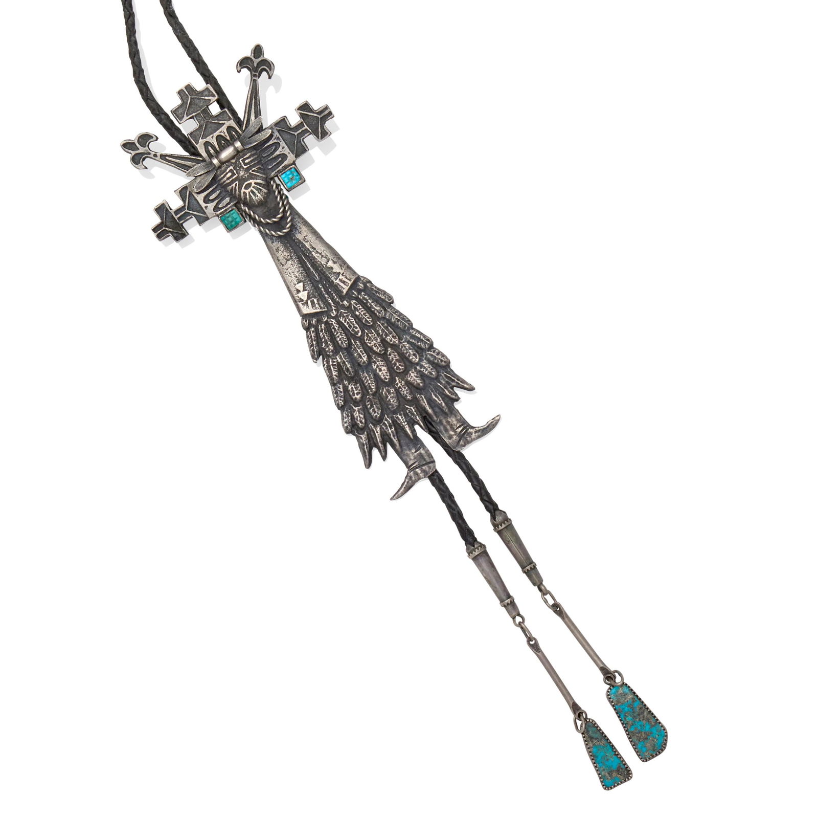 A SILVER AND TURQUOISE BOLO TIE, PRESTON MONONGYE (1 of 2)