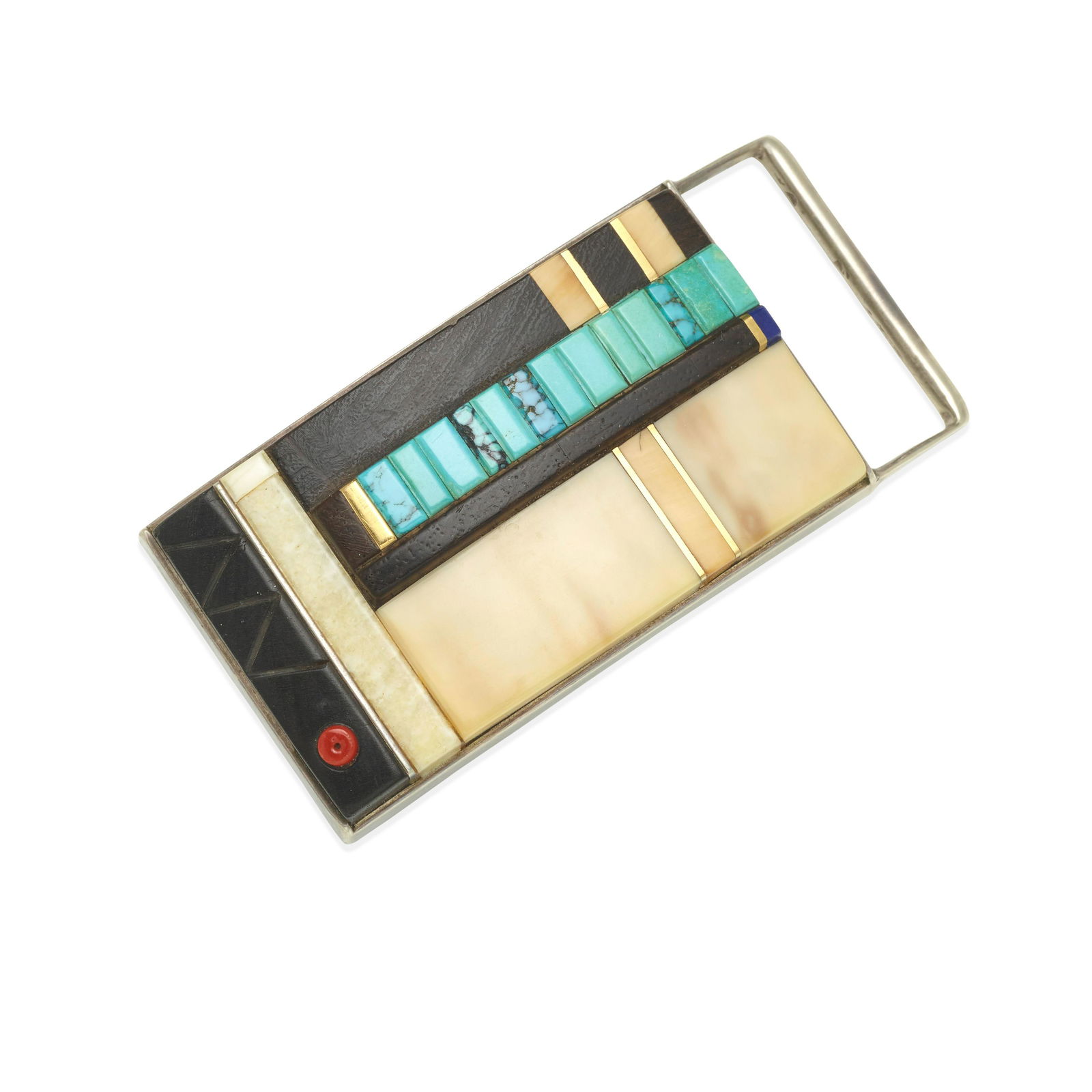 A SILVER, GOLD, WOOD AND MULTI-STONE BELT BUCKLE, VERMA (1 of 3)