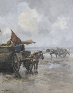 Willem George Frederik Jansen (Dutch, 1871-1949): Willem George Frederik Jansen (Dutch, 1871-1949)Unloading the boatsigned 'W G F Jensen' (lower left), oil on canvas, 100.5 x 80cm (39 9/16 x 31 1/2in).Note:Please note, the veneers are a mixture of