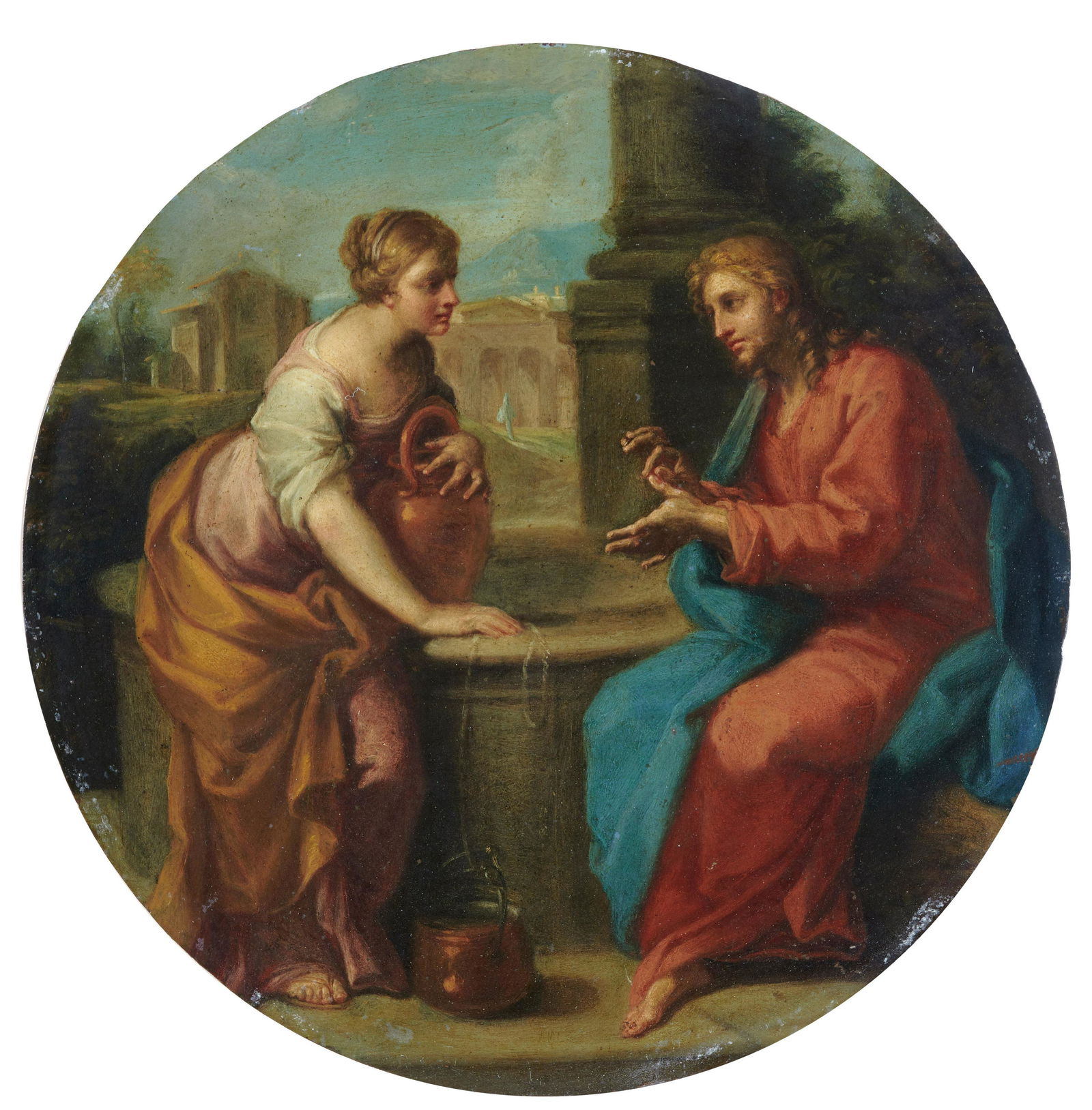 Placido Costanzi (Rome 1690-1759) Noli me tangere; and: Placido Costanzi (Rome 1690-1759) Noli me tangere; and Christ and the Woman of Samaria a pair, oil on copper, tondi 25.1cm. (10 in.) diameter (2) Footnotes: The main figures in both works echo those i