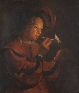 Follower of Gerrit van Honthorst (Utrecht 1590-1656) A: Follower of Gerrit van Honthorst (Utrecht 1590-1656) A young man lighting his pipe oil on canvas 88.7 x 74.6cm (34 15/16 x 29 3/8in).