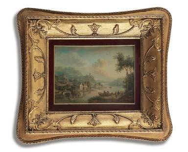 Attributed to Christian Georg Schütz I (Flö: Attributed to Christian Georg Schütz I (Flörsheim 1718-1791 Frankfurt) A Rhenish river landscape with figures boarding a ferry oil on panel 19 x 26.1cm (7 1/2 x 10 1/4in). This lot is subjec