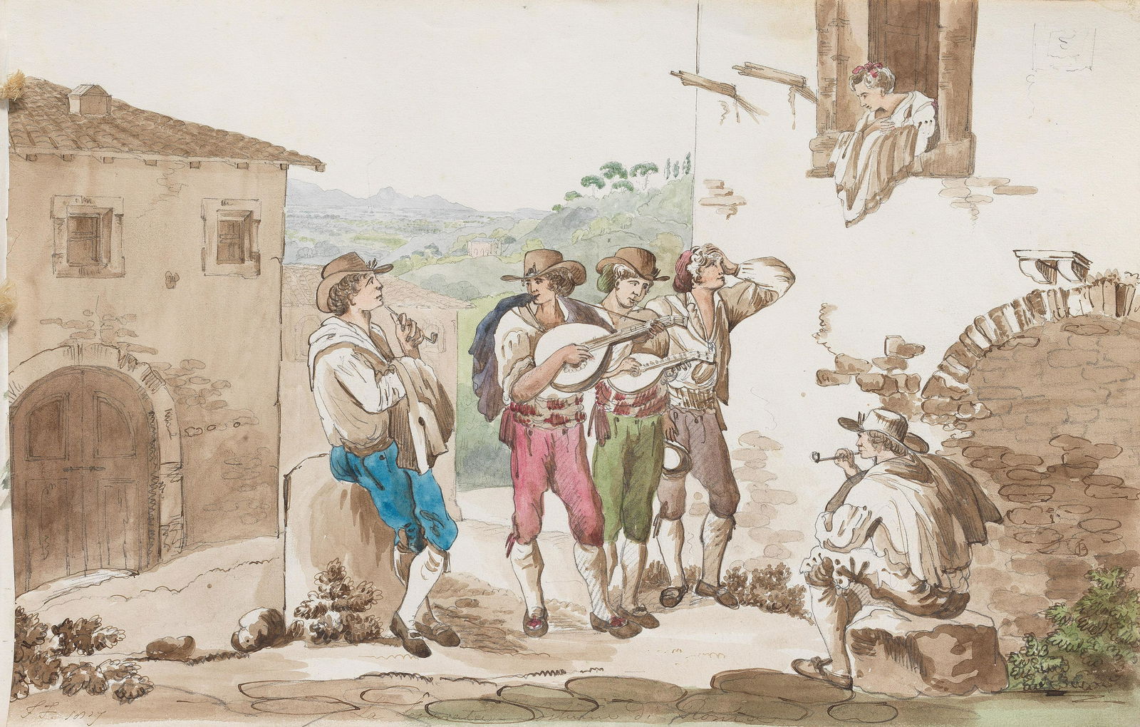 Frederick Franks, 18th/19th Century British, after: Frederick Franks, 18th/19th Century British, after Bartolomeo Pinelli 'La serenata', and other scenes of Roman life many signed with initials, inscribed and dated 1817, most pen and brown ink or graph