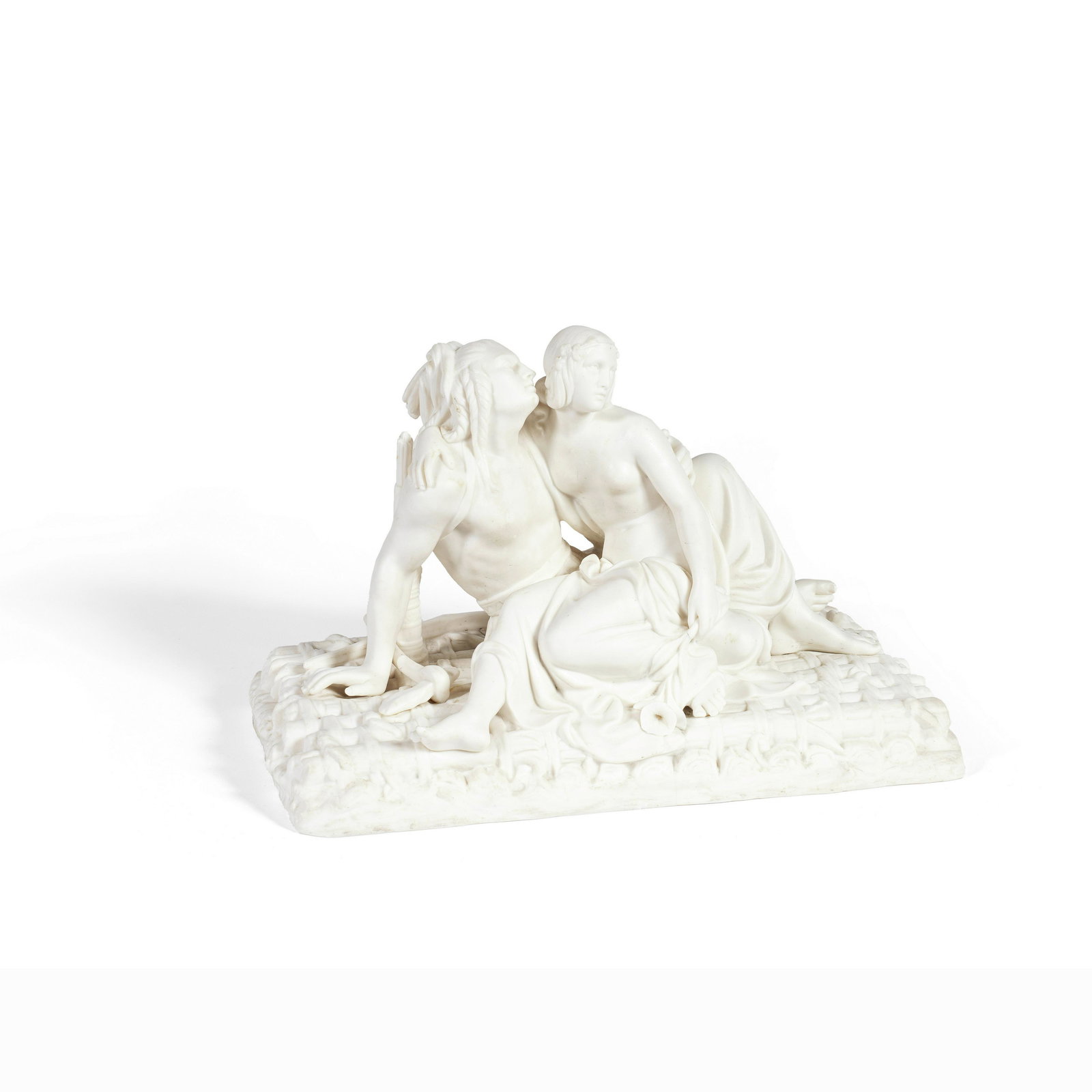 A rare Minton Parian figural group of 'Atala and: A rare Minton Parian figural group of 'Atala and Chastas' after Joseph-Michel-Ange Pollet (Italian, 1814–1870) the couple both clad in loose drapery, Chastas with braided hair, a quiver of arrow
