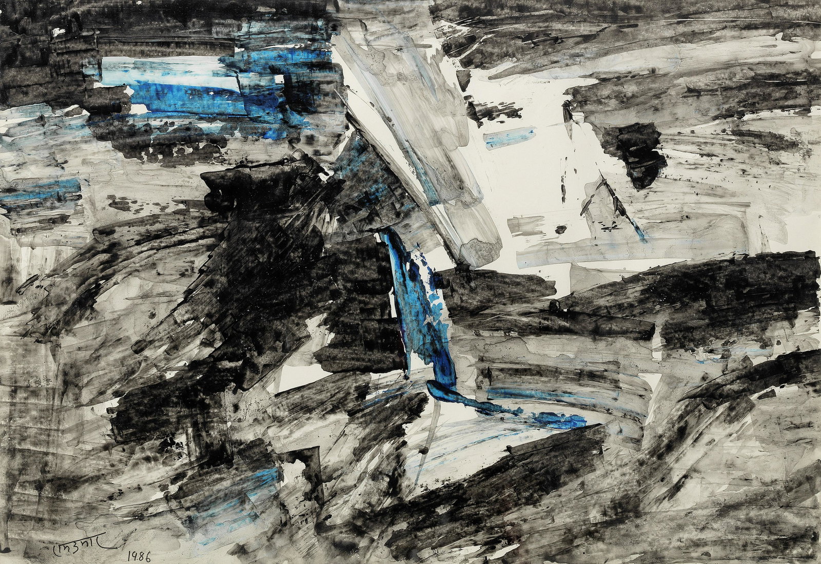 Ram Kumar (Indian, 1924-2018) Untitled (Landscape): Ram Kumar (Indian, 1924-2018) Untitled (Landscape) signed and dated 1986 lower left acrylic on paper 28.6 x 41.3cm (11 1/4 x 16 1/4in). Footnotes: Private Collection Privat