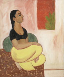 Sudhir Patwardhan (Indian, b. 1949) Woman in black: Sudhir Patwardhan (Indian, b. 1949) Woman in black blouse signed and dated 1988 with title on the reverse oil on canvas 61 x 50.7cm (24 x 19 15/16in). gallery label on reverse of canvas