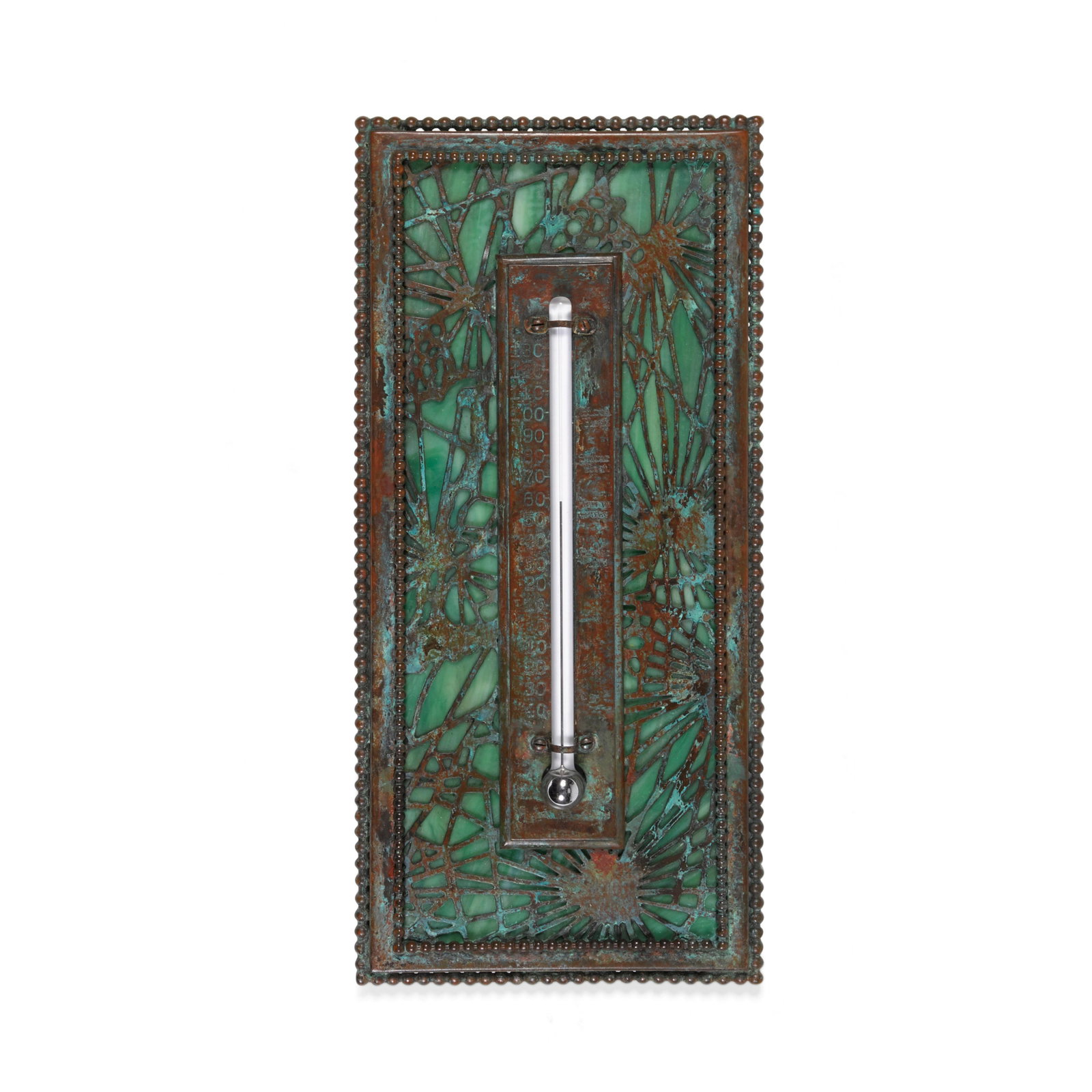 Tiffany Studios (1899-1930): Tiffany Studios (1899-1930) Pine Needle Thermometer circa 1915 patinated bronze, Favrile glass, stamped 'TIFFANY STUDIOS NEW YORK' on the reverse height 8 1/2in (22cm); width 4in (10cm) Footnotes: Pro