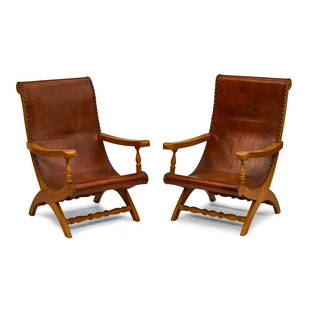 Luis Barragán (1902-1988): Luis Barragán (1902-1988)Pair of Butaque Chairscirca 1930white oak, leather, metal studsheight 40in (101.6cm); width 27in (69cm); depth 32in (81.5cm)Footnotes:ProvenanceJosé Arriola Adame,