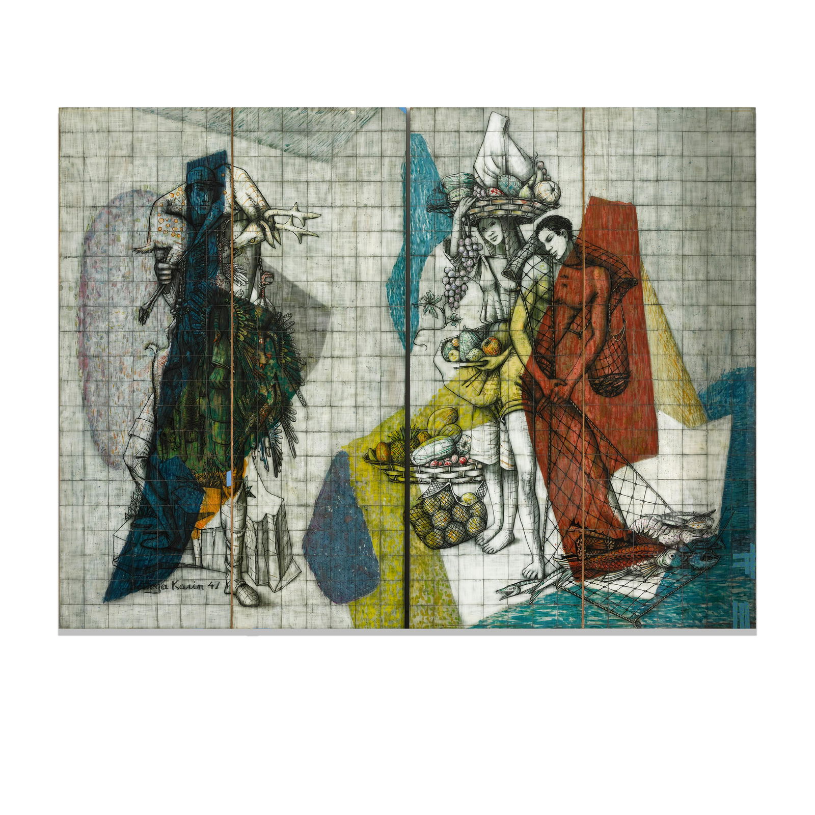 Karin van Leyden (1906-1977) and Paul Laszlo: Karin van Leyden (1906-1977) and Paul Laszlo (1900-1993) Custom Four Panel Screen 1947 verre églomisé, signed and dated 'Bottega Karin 47' 108 x 142in (274.3 x 360.6cm) Footnotes: Paul Lazsl