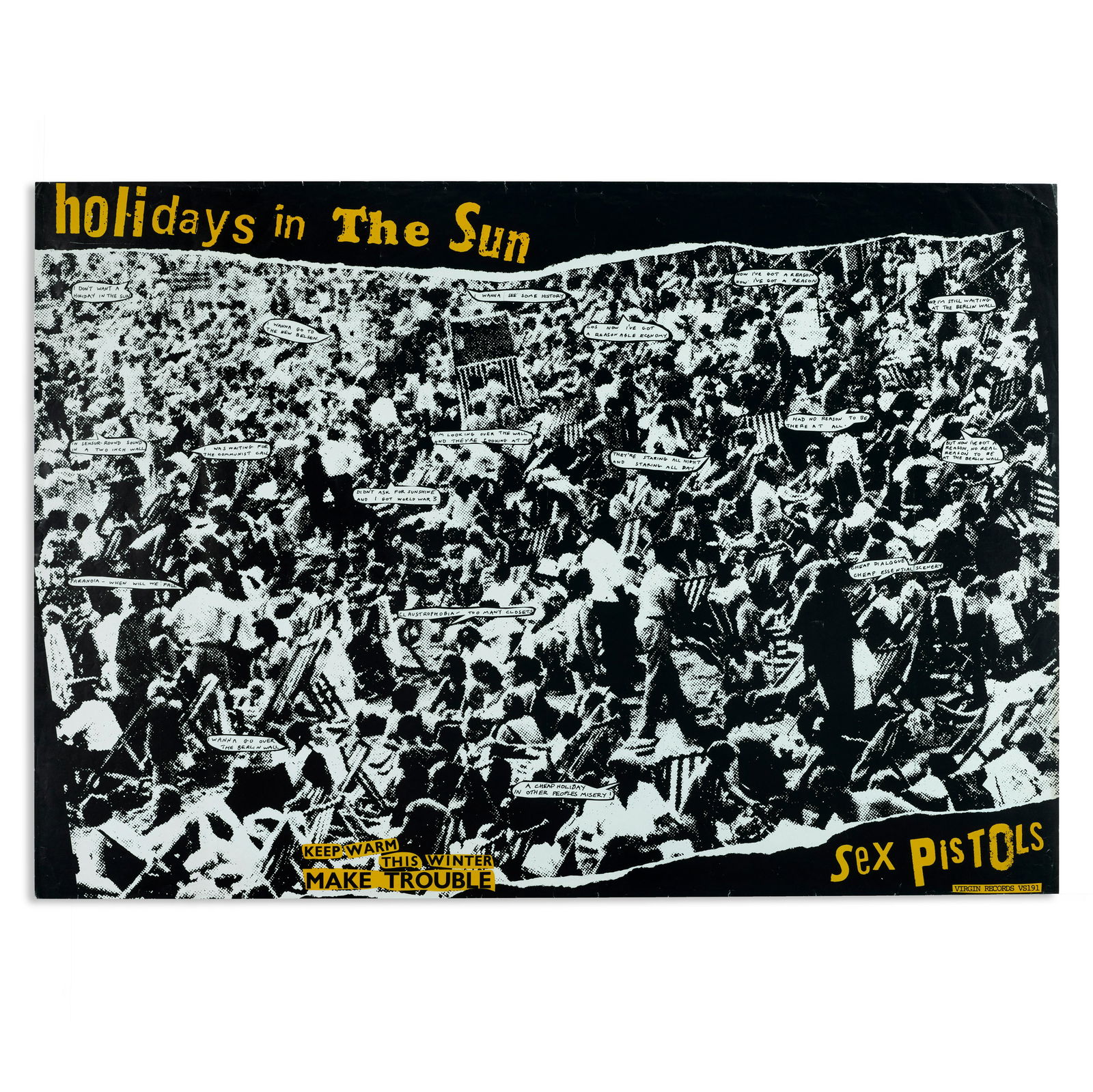 Sex Pistols: Promotional Poster For 'Holidays In The: Sex Pistols: Promotional poster for 'Holidays In the Sun,' 1977 A Virgin Records promotional poster for the fourth Sex Pistols single, design by Jamie Reid. 39.5 x 27.5 in.
