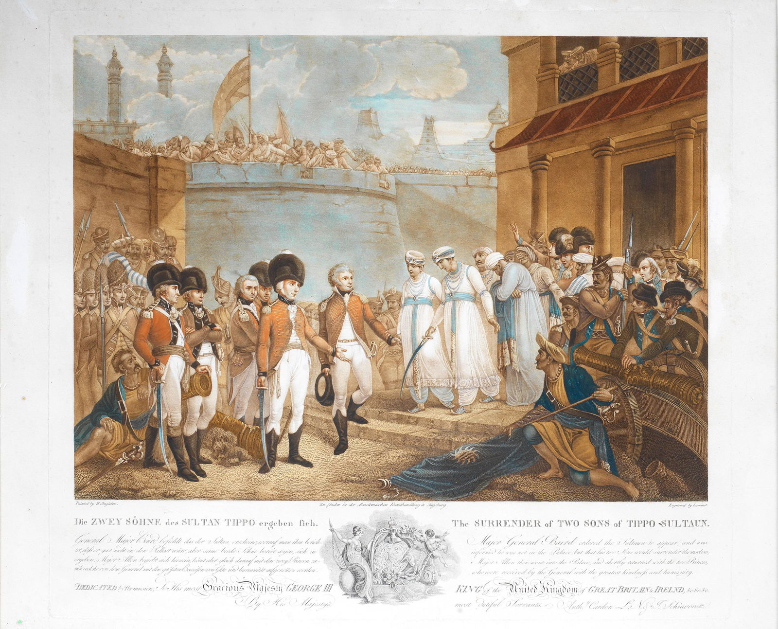 Four Prints Depicting The Final Events At The Siege Of: Four prints depicting the final events at the Siege of Seringapatam, the death of Tipu Sultan, and the surrender of his sons, after Henry Singleton (1766-1839), engraved by Laminet London, A. Cardon &
