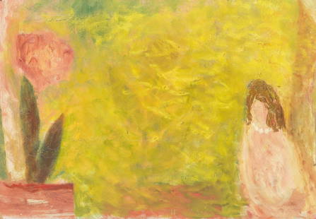 Mary Newcomb (British, 1922-2008): Mary Newcomb (British, 1922-2008) Girl with Flower signed and dated '65 M Newcomb' (lower centre); further signed and titled 'Girl with flower/Mary Newcomb' (on board verso) oil on board 36 x 51cm (14