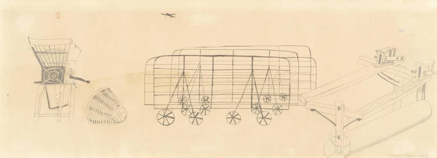 Mary Newcomb (British, 1922-2008): Mary Newcomb (British, 1922-2008) Farm Machinery signed 'Mary Newcomb' (lower right) pencil and coloured pencil on paper 17.5 x 49cm (6 7/8 x 19 5/16in). with a further pencil and watercolour, of a co