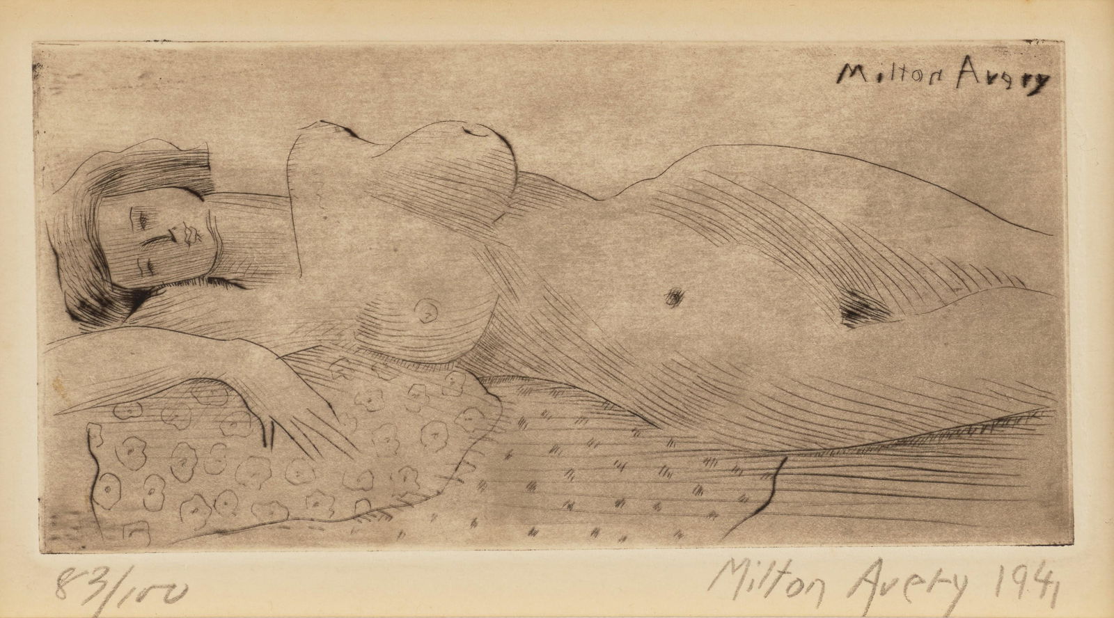 Milton Avery (1885-1965); Reclining Nude: Milton Avery (1885-1965) Reclining Nude (Lunn 22), 1941 Drypoint on wove paper, signed in pencil and numbered 83/100, with full margins, framed. 3 5/8 x 7 1/2in (9.2 x 18.8cm) sheet 13 x 14 1/4in (33
