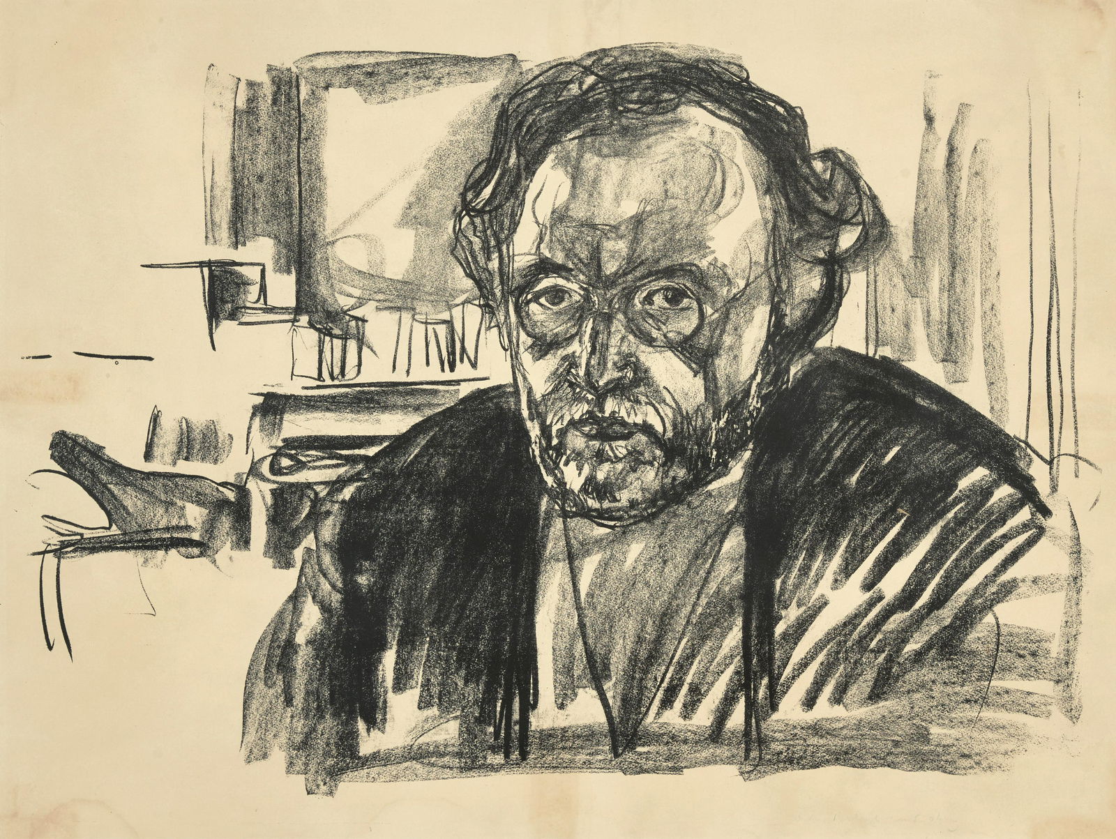 Edvard Munch (1863-1944); Self Portrait with Beard: Edvard Munch (1863-1944) Self Portrait with Beard (Woll, 630), 1919 Lithograph on cream wove paper, signed and titled in blue crayon, printed by Anton Peder Nielsen Kildeborg, Norway, the full sheet,