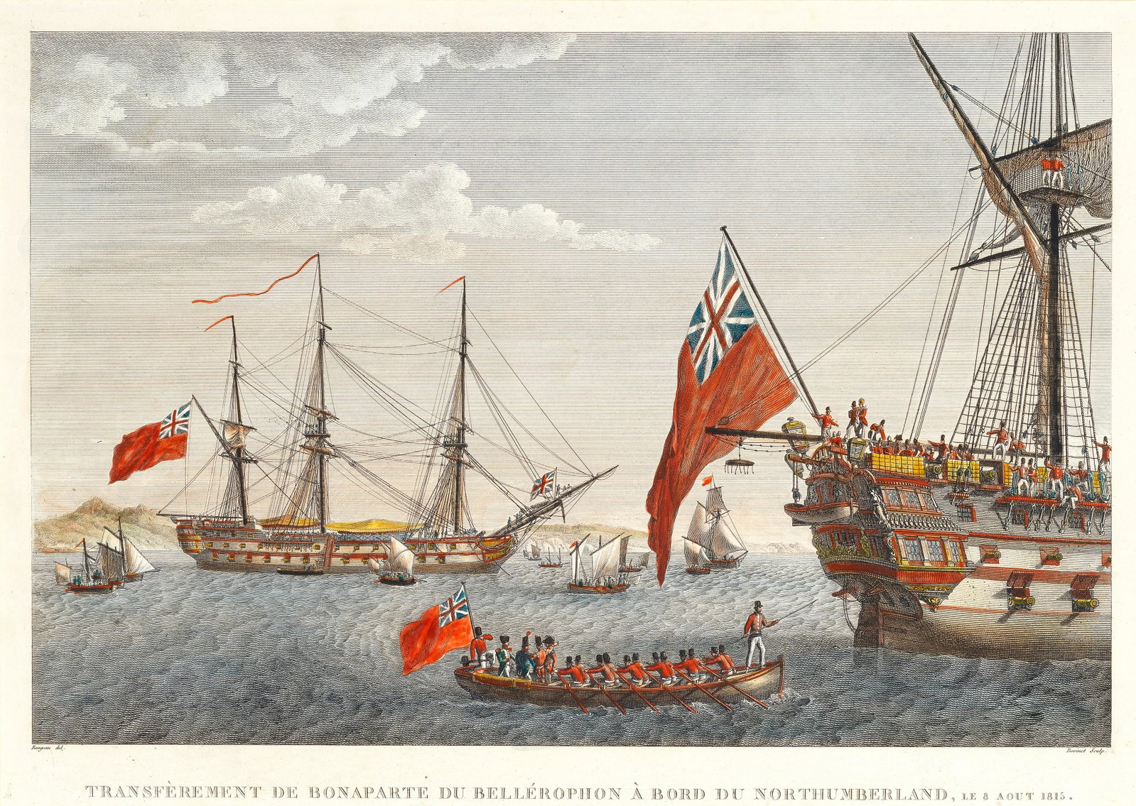 After Jean-Jerome Baugean Transfèrement de: After Jean-Jerome Baugean Transfèrement de Bonaparte du Bellérophon à bord du Northumberland, Le 8 Aout 1815. Engraving with hand-colouring, circa 1815, on wove, printed by Edme Bovinet