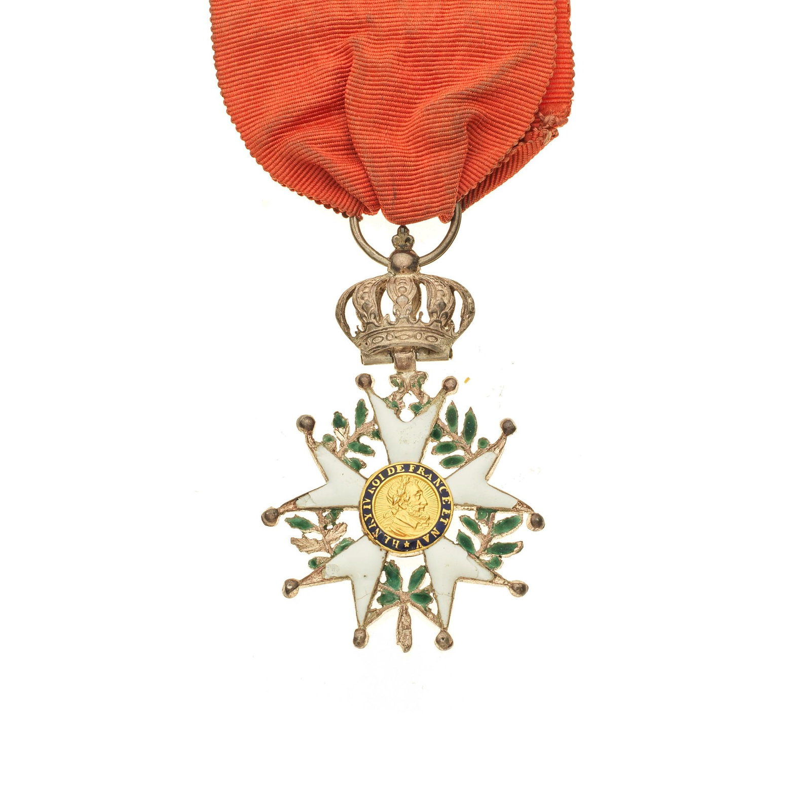A French Legion of Honour (Legion d'Honneur): A French Legion of Honour (Legion d'Honneur) A Knight's breast badge, 4.8cm x 3.2cm, in gold, silver and enamel, the obverse with bust of Henry IV, the reverse with three fleur de lys, with original r