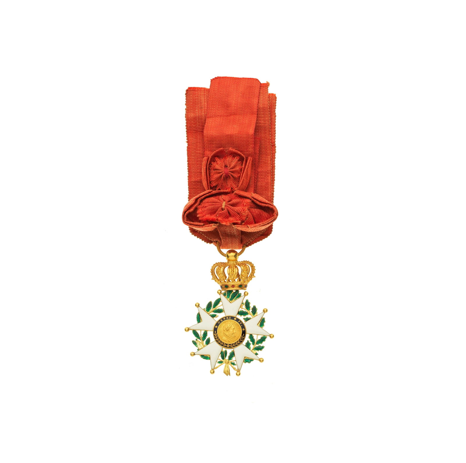 A French Legion of Honour Officer's breast badge,: A French Legion of Honour Officer's breast badge, (Legion d'Honneur) Dating from the 1830-1848 period, in gold and enamel, with the bust of Henri IV facing right to the obverse and crossed flags to th