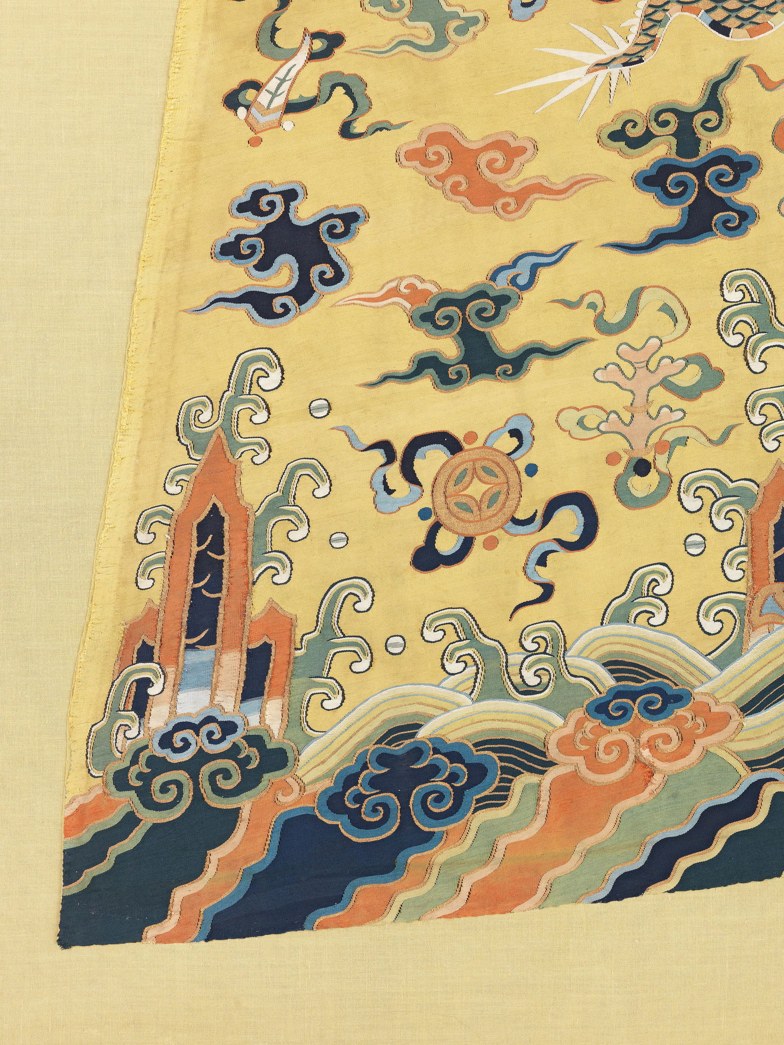 A RARE YELLOW-GROUND SILK KESI ROBE 'DRAGON' PANEL (1 of 3)