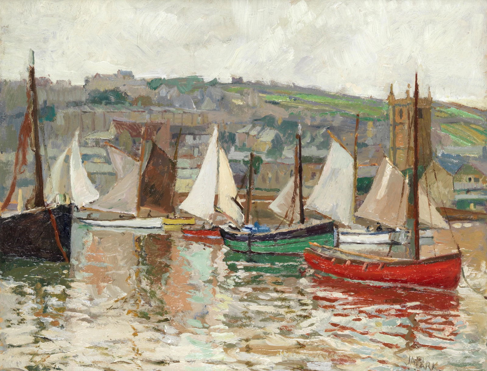 John Anthony Park (British, 1880-1962): John Anthony Park (British, 1880-1962) Peaceful haven, fishing boats at anchor drying sails signed with incised signature 'J.A.PARK' (lower right) oil on board 33.4 x 41.6cm (13 1/8 x 16 3/8in). This