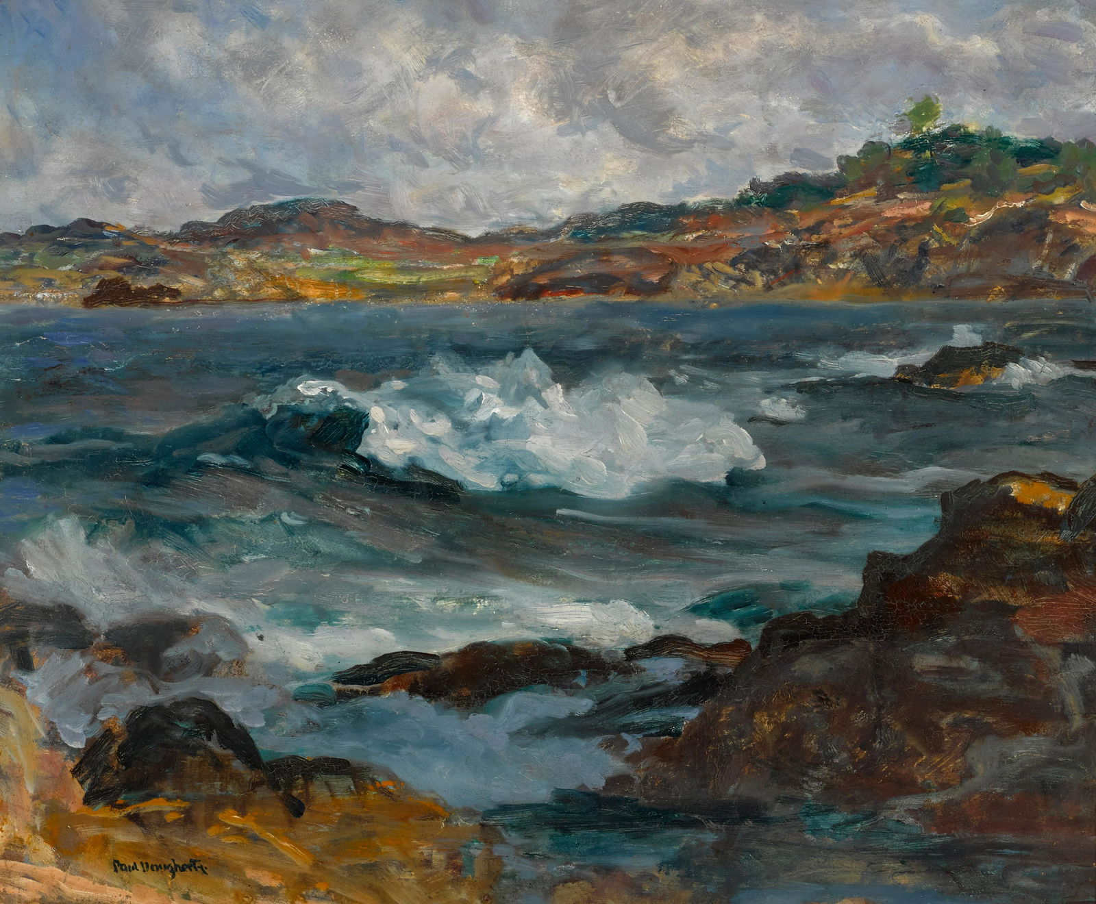 Paul Dougherty (1877-1947): Paul Dougherty (1877-1947) Cove (Pebble Beach) stamped with estate signature 'Paul Dougherty' (lower left) casein on Masonite 20 x 24in framed 27 1/2 x 31 1/2in Footnotes: Provenance Estate of the