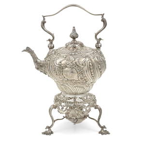 A GEORGE III SILVER REPOUSS&#201; SPIRIT KETTLE ON: A GEORGE III SILVER REPOUSS&#201; SPIRIT KETTLE ON PIERCED STAND by William Grundy, London, 1762 overall height 16in (40.5cm); height of pot 8 1/2in (21cm); total silver weight approximately 65oz troy