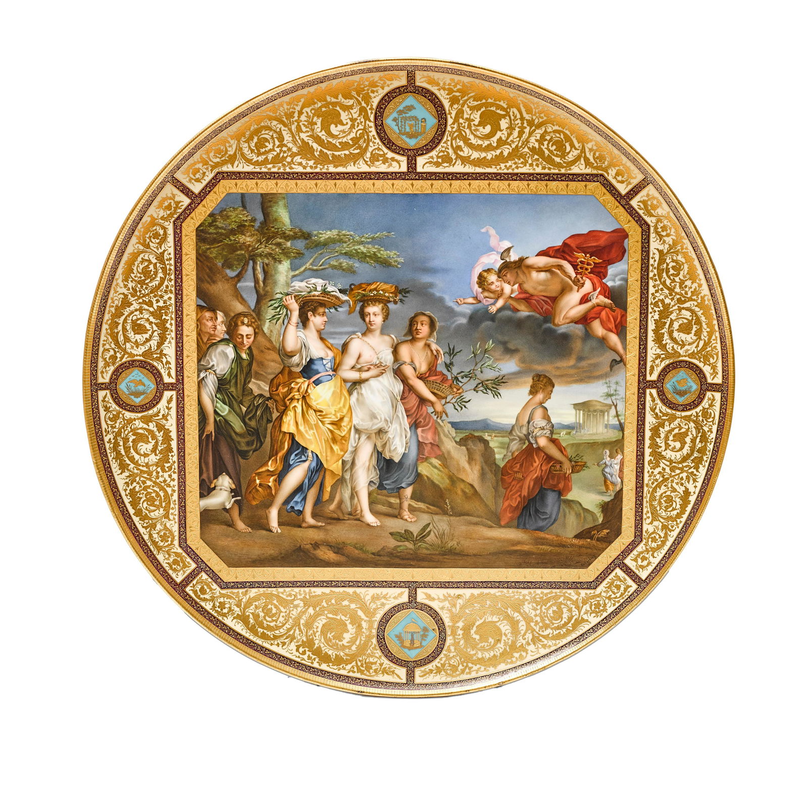 A VIENNA STYLE POLYCHROMED AND GILT PORCELAIN CHARGER:: A VIENNA STYLE POLYCHROMED AND GILT PORCELAIN CHARGER: MERCURY BEHOLDS HERSE After Jan Boeckhorst (1604-1668), 19th century Signed Callenberg and inscribed mercur vervolgt herse original im k.k. Belve