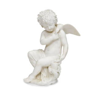 AN ITALIAN CARVED MARBLE ALLEGORICAL GROUP OF A YOUNG: AN ITALIAN CARVED MARBLE ALLEGORICAL GROUP OF A YOUNG BOY WITH DOVE: CANDORE Pio Fedi (Italian, 1816-1892), circa 1875 Signed, titled, and dated indistinctly Candore Pio Fedi fece in firenze nel 1875
