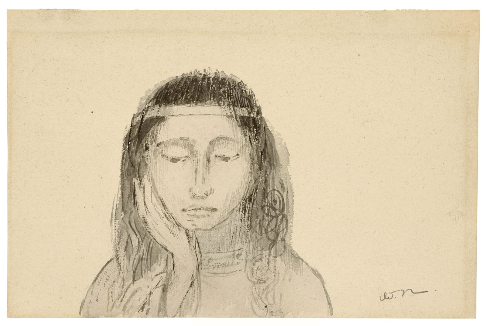 ODILON REDON (1840-1916) Tête de femme: ODILON REDON (1840-1916) Tête de femme signed with the artist's monogram (lower right) brush, ink and wash on paper 4 3/4 x 7 1/8 in (12.1 x 18.1 cm) Footnotes: This work will be included in the