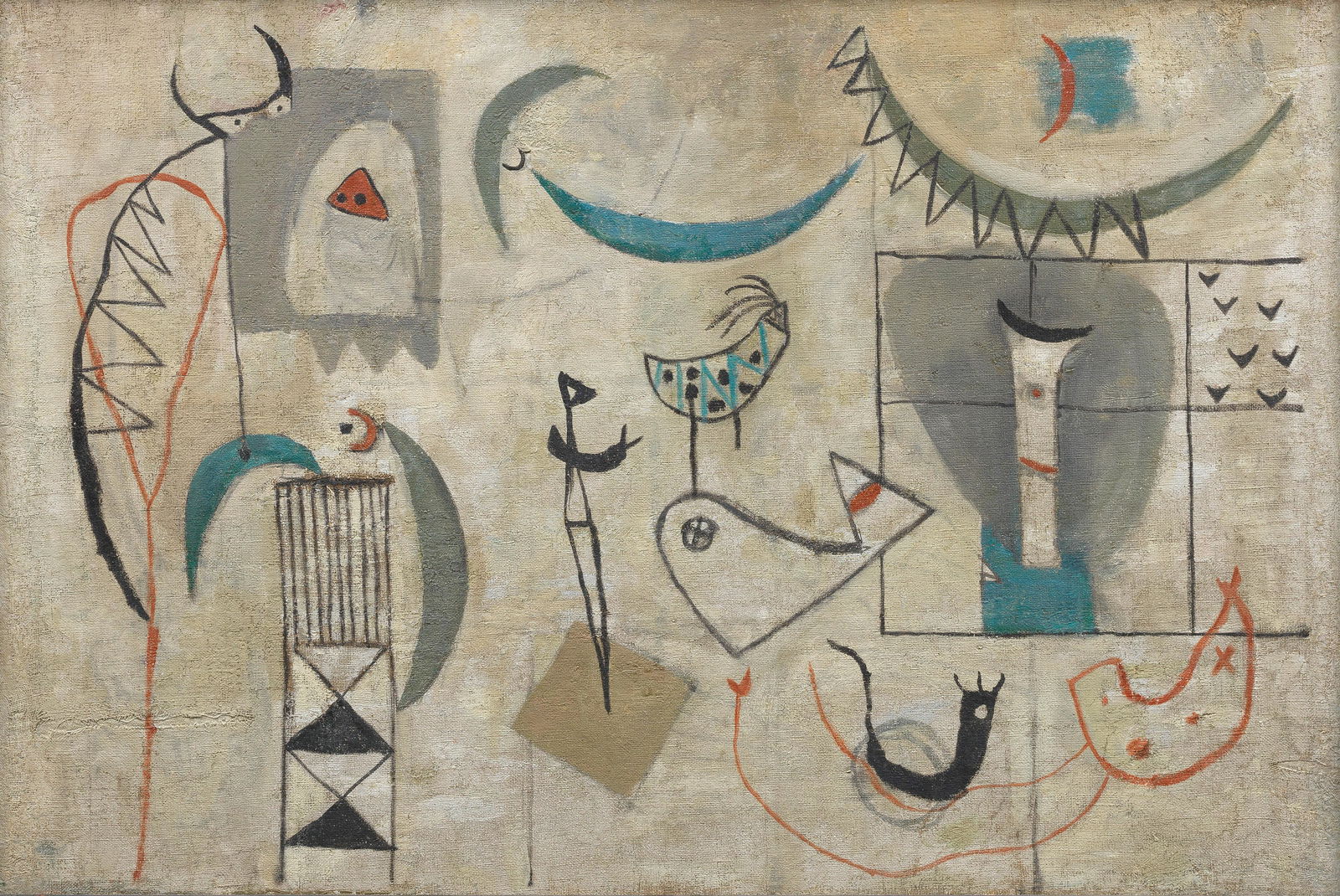 Jewad Selim (Iraq, 1919-1961) Good and Evil, An: Jewad Selim (Iraq, 1919-1961) Good and Evil, An Abstraction oil on canvas, framed executed circa 1951 50 x 75cm (19 11/16 x 29 1/2in). Footnotes: 'GOOD AND EVIL, AN ABSTRACTION' - A RARE AND